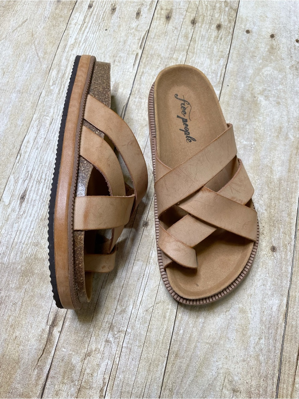 Free People Tan Crisscross Slide Sandal With Toe Loop